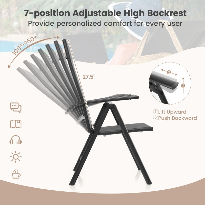 1 Piece Patio Folding Dining Chairs with 7-Level Adjustable High Backrest-Black