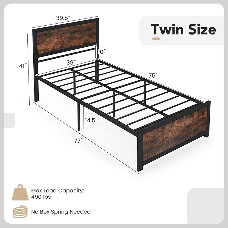 Twin Size Bed Frame Metal with High Headboard and Mute Bars-Twin Size