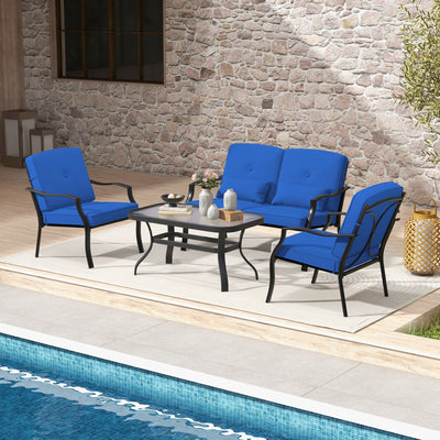 4 Pieces Outdoor Conversation Set with Seat Back Cushions and Waist Pillows-Navy