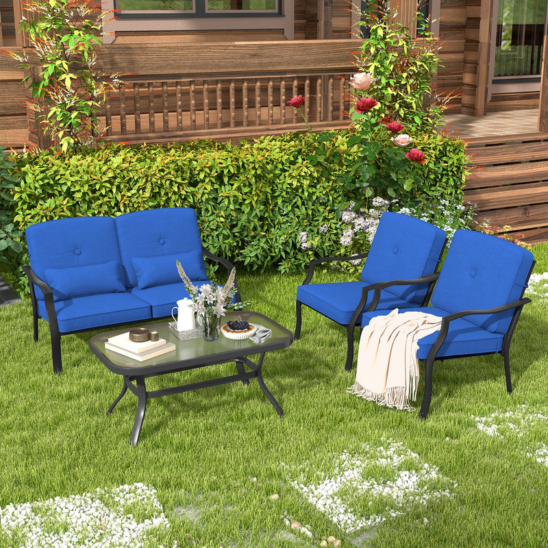 4 Pieces Outdoor Conversation Set with Seat Back Cushions and Waist Pillows-Navy