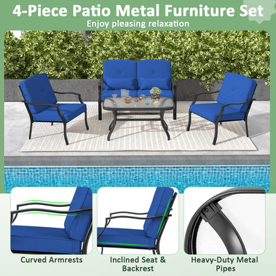 4 Pieces Outdoor Conversation Set with Seat Back Cushions and Waist Pillows-Navy