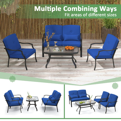 4 Pieces Outdoor Conversation Set with Seat Back Cushions and Waist Pillows-Navy