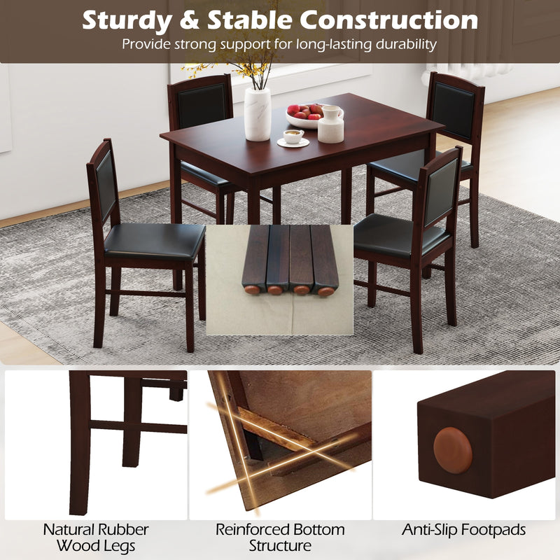 5-Piece Dining Set for 4 with Rubber Wood Legs for Small Dining Room-Brown