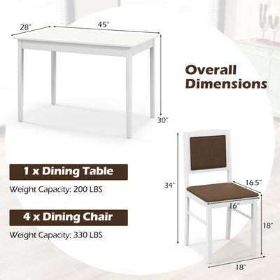 5-Piece Dining Set for 4 with Rubber Wood Legs for Small Dining Room-White