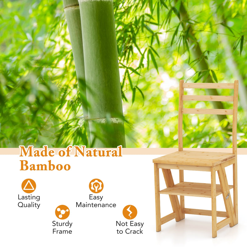 Multifunctional 3-in-1 Ladder Chair Display Plant Stand for Library Kitchen Office-Natural