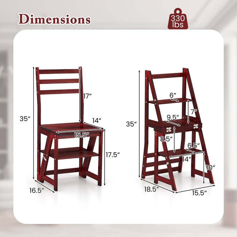 Multifunctional 3-in-1 Ladder Chair Display Plant Stand for Library Kitchen Office-Red