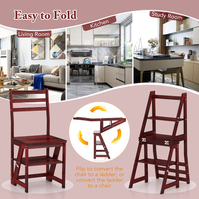 Multifunctional 3-in-1 Ladder Chair Display Plant Stand for Library Kitchen Office-Red