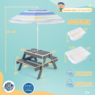 Kids Picnic Table Set with 3 Removable Bins-Gray