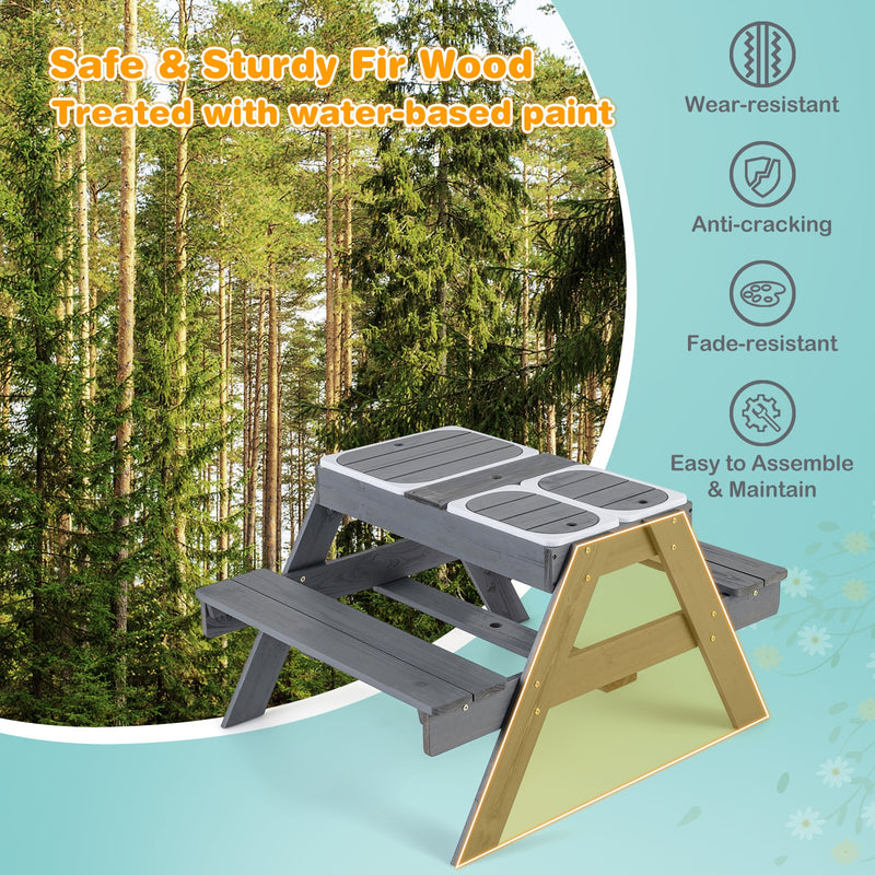 Kids Picnic Table Set with 3 Removable Bins-Gray