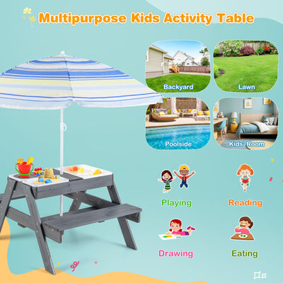 Kids Picnic Table Set with 3 Removable Bins-Gray