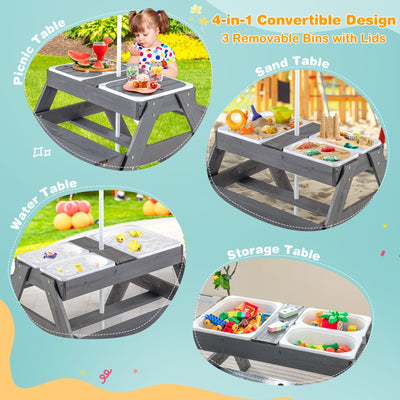 Kids Picnic Table Set with 3 Removable Bins-Gray