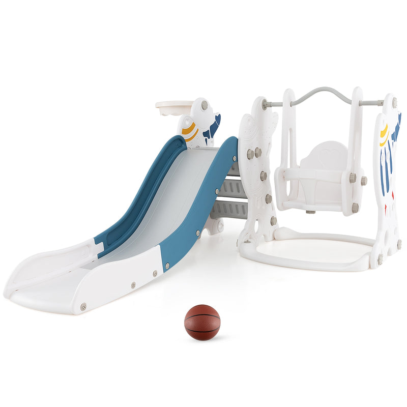 4-in-1 Kids Slide and Swing Set with Basketball Hoop-Blue