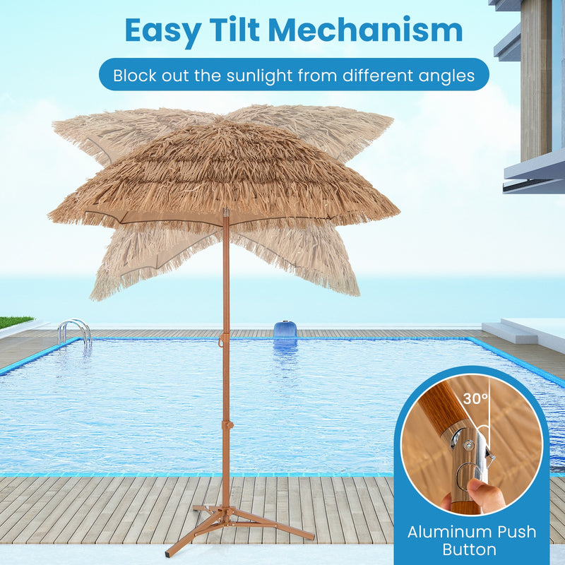 6.5 Feet Thatched Tiki Umbrella with Foldable Stand Push Button Tilt-Natural