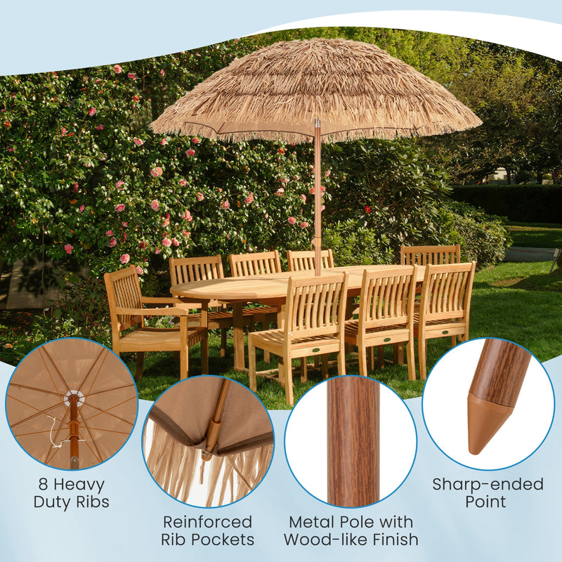 6.5 Feet Thatched Tiki Umbrella with Foldable Stand Push Button Tilt-Natural