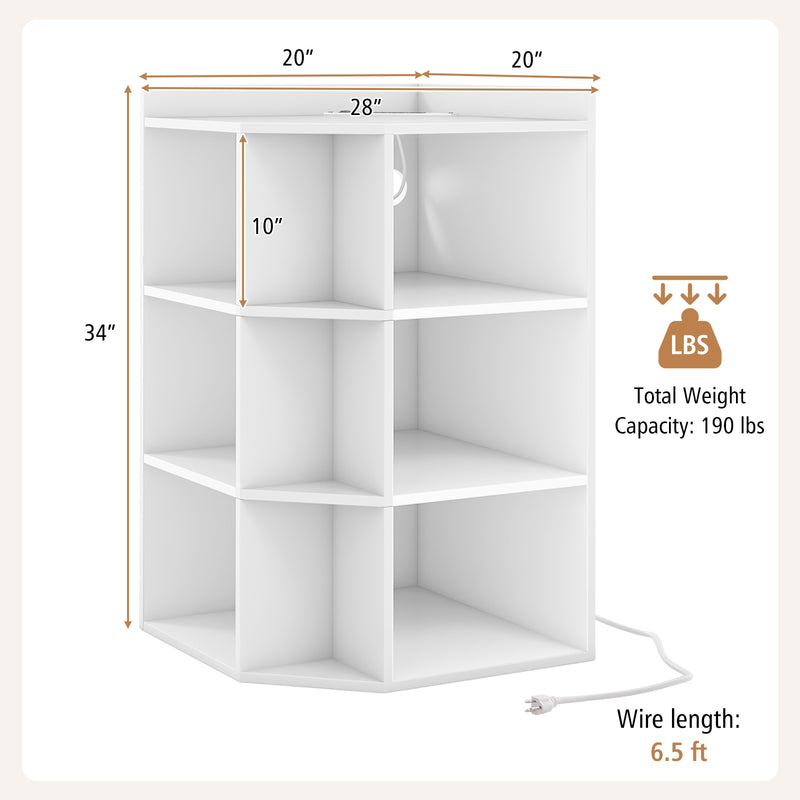 3-Tier Corner Cabinet with Charging Station for Bedroom-White