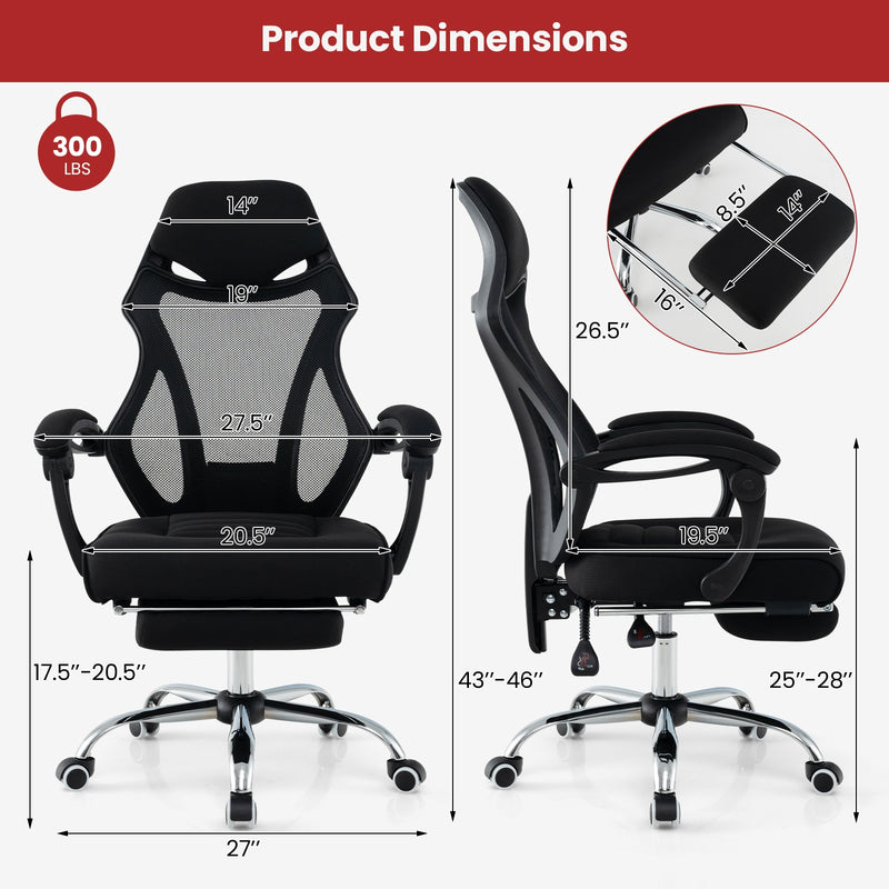 Ergonomic Mesh Office Chair with Footrest and Tilting Backrest-Black