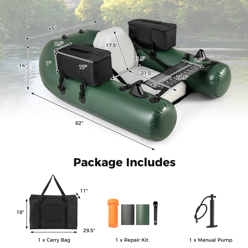 Inflatable Fishing Float Tube for Angling with Fish Ruler and Angling Base