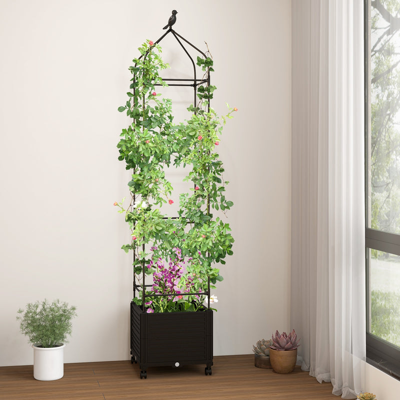 Indoor Outdoor Raised Garden Bed with Trellis and Self-Drainage and Wheels-Black