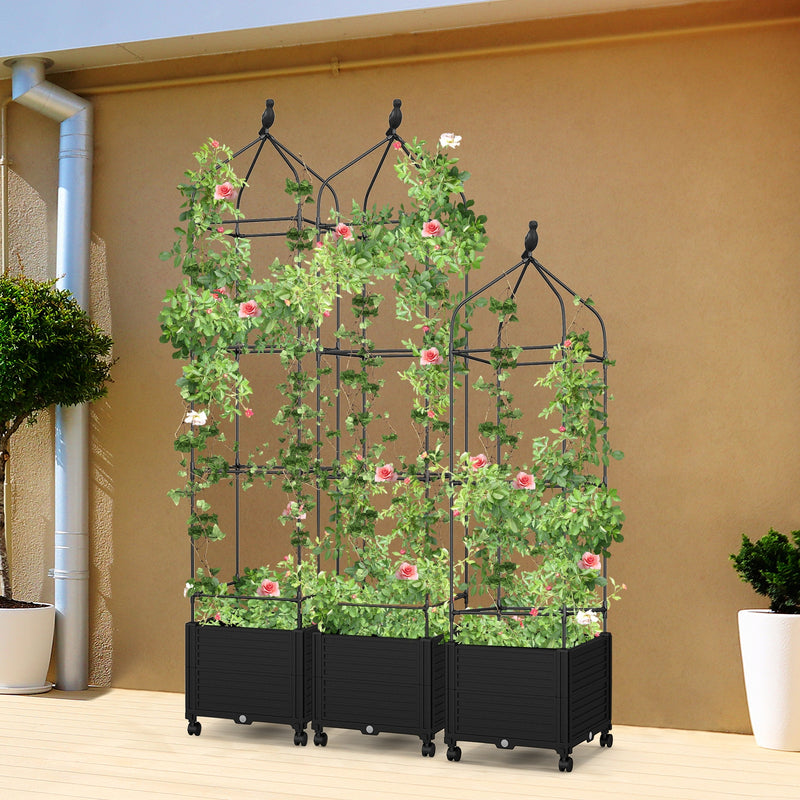 Indoor Outdoor Raised Garden Bed with Trellis and Self-Drainage and Wheels-Black