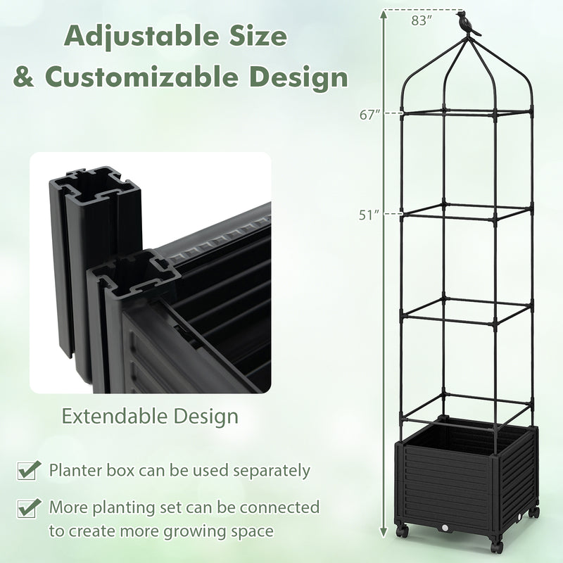 Indoor Outdoor Raised Garden Bed with Trellis and Self-Drainage and Wheels-Black