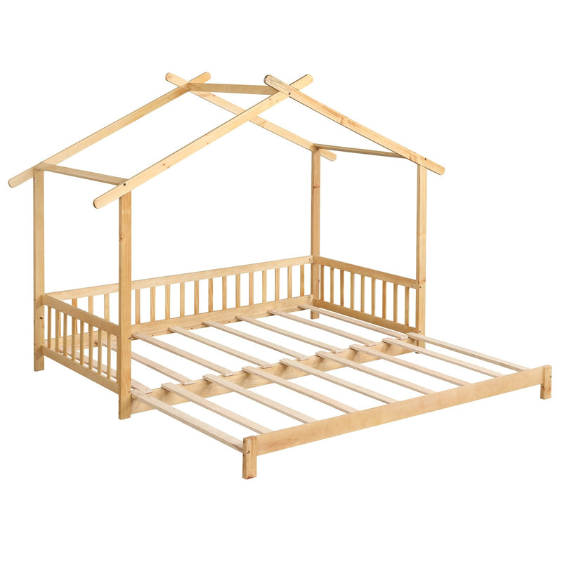 Extendable House Bed Twin to King Daybed with Roof and Fence Rails-Natural