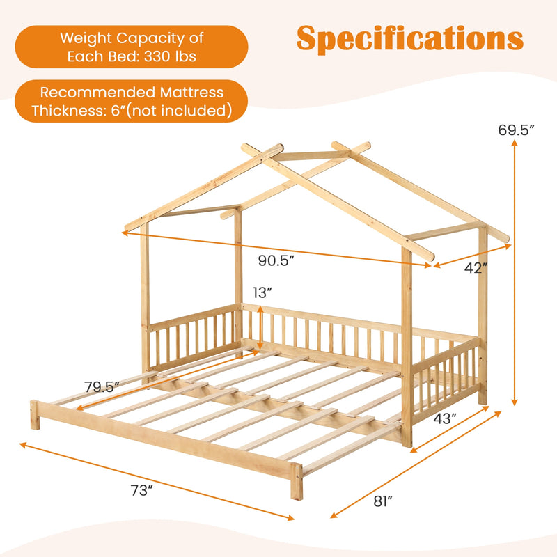 Extendable House Bed Twin to King Daybed with Roof and Fence Rails-Natural