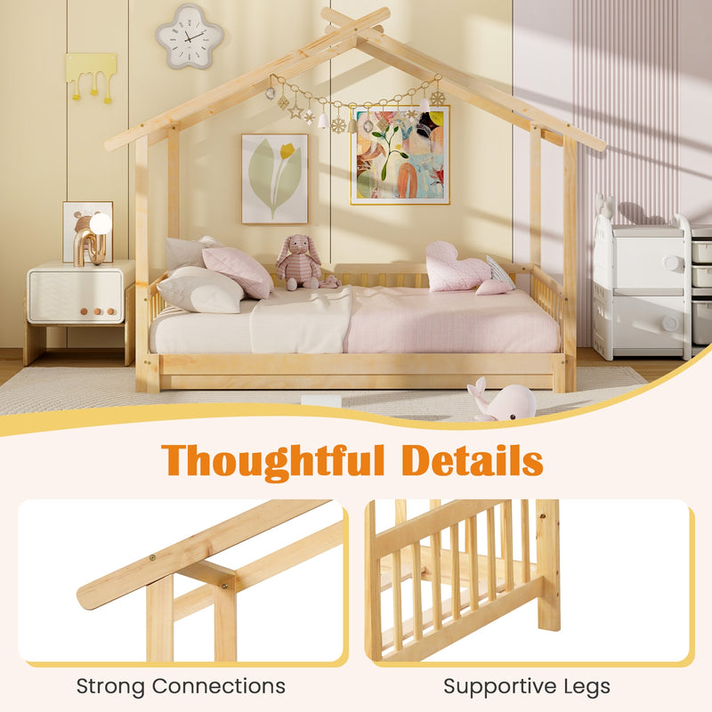 Extendable House Bed Twin to King Daybed with Roof and Fence Rails-Natural