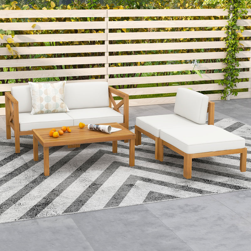 5 Piece Outdoor Conversation Furniture Set with 3 Chairs 1 Ottoman and 1 Coffee Table-White