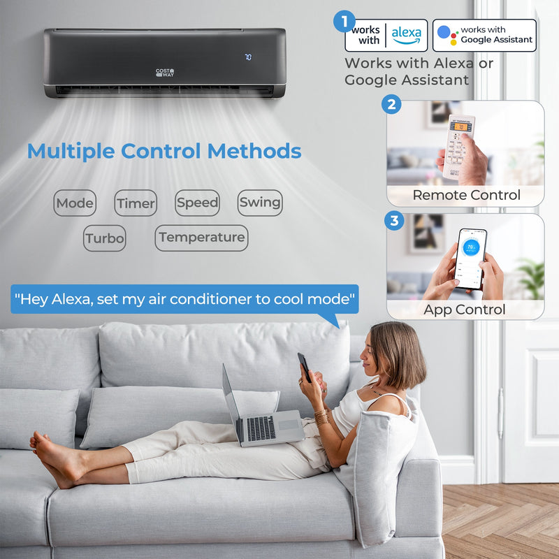 12000 BTU 21 SEER2 208-230V Wifi Enabled Mini Split Air Conditioner and Heater Gray