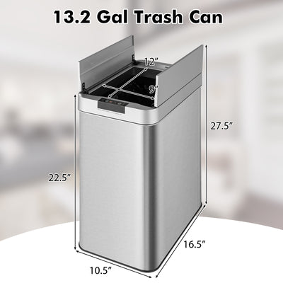 13.2 Gal Slim Kitchen Trash Can with Wing Lids and Stainless Steel Frame-Silver