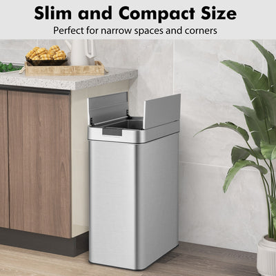 13.2 Gal Slim Kitchen Trash Can with Wing Lids and Stainless Steel Frame-Silver