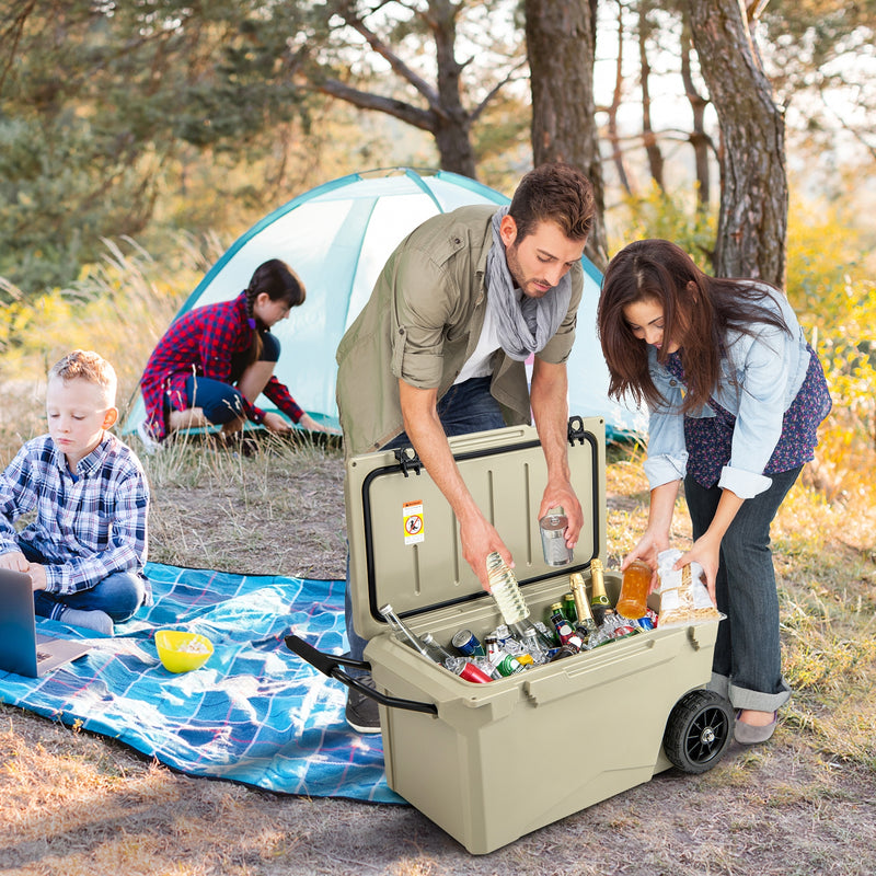 75 Quart Portable Cooler Rotomolded Ice Chest with Handles and Wheels-Tan