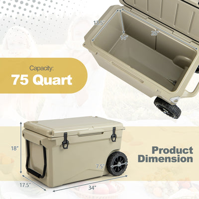 75 Quart Portable Cooler Rotomolded Ice Chest with Handles and Wheels-Tan