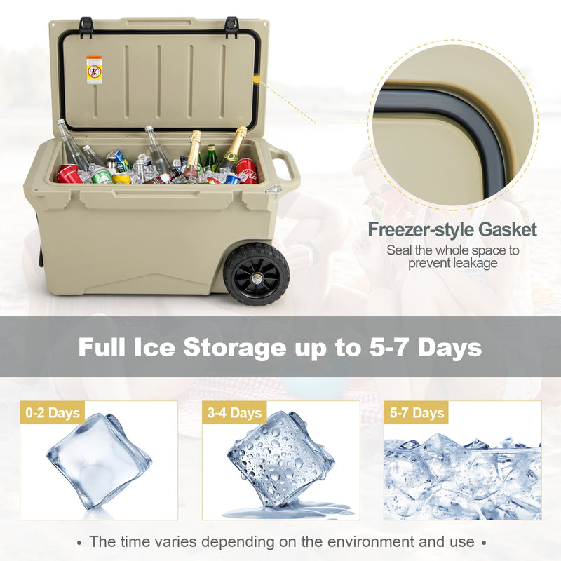 75 Quart Portable Cooler Rotomolded Ice Chest with Handles and Wheels-Tan