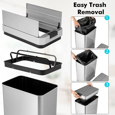 13.2 Gal Slim Kitchen Trash Can with Wing Lids and Stainless Steel Frame-Silver