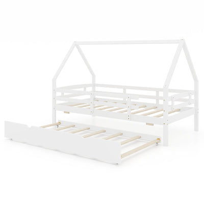 Twin House Bed with Trundle and Fence Rail-White