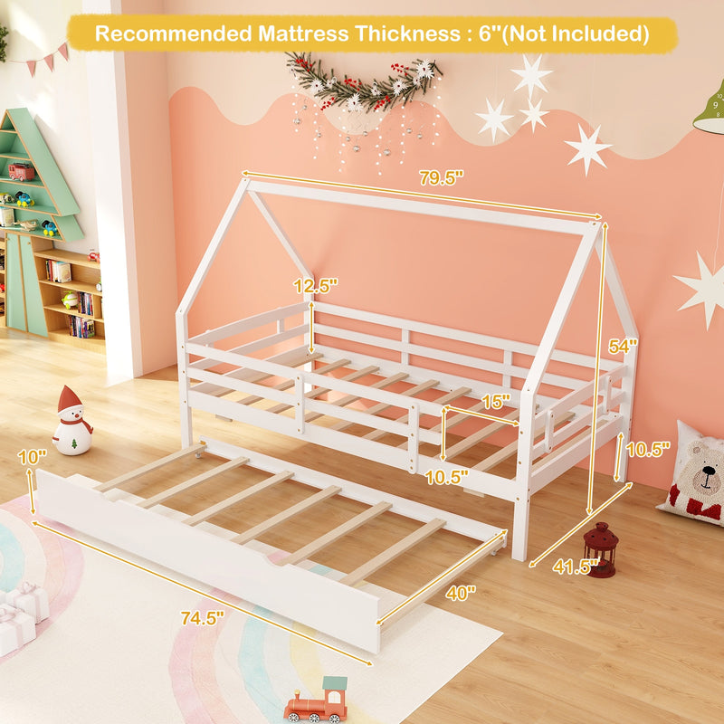 Twin House Bed with Trundle and Fence Rail-White