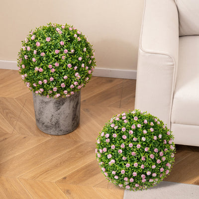 2 Pieces Artificial Plant Topiary Balls 17.5 Inch Faux Decorative Balls with Pink Flowers