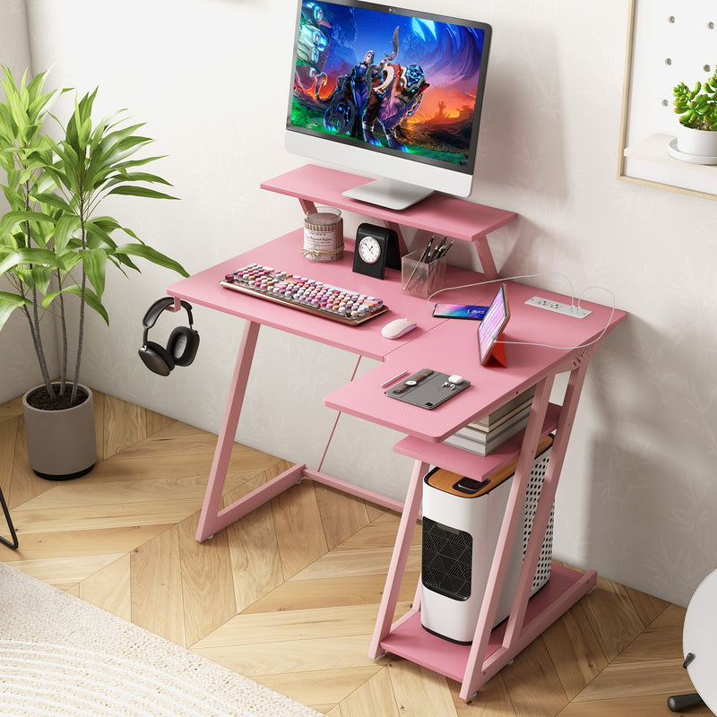 L Shaped Gaming Desk with Outlets and USB Ports-Pink