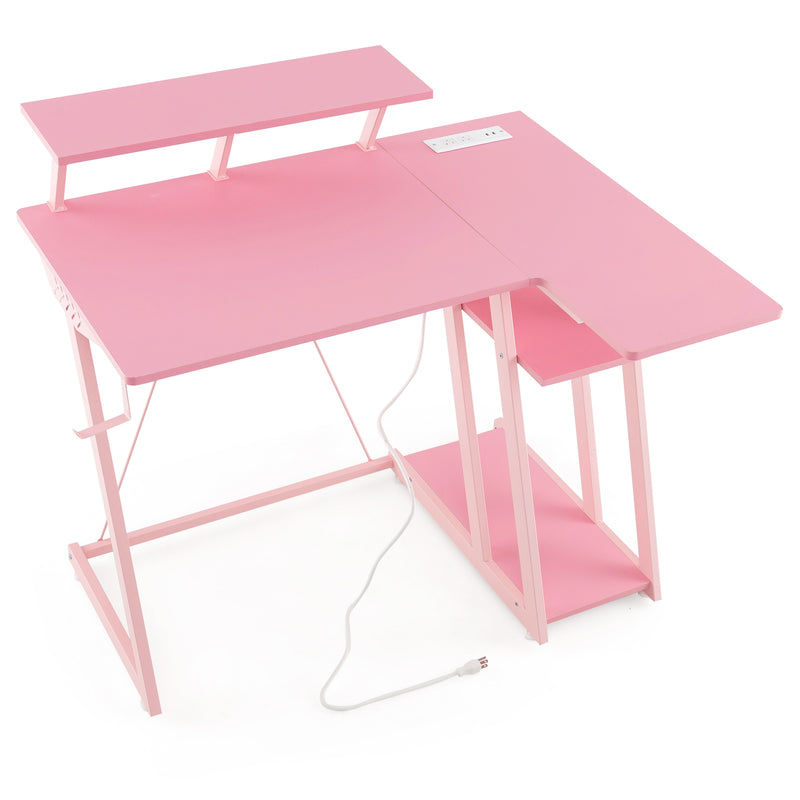 L Shaped Gaming Desk with Outlets and USB Ports-Pink