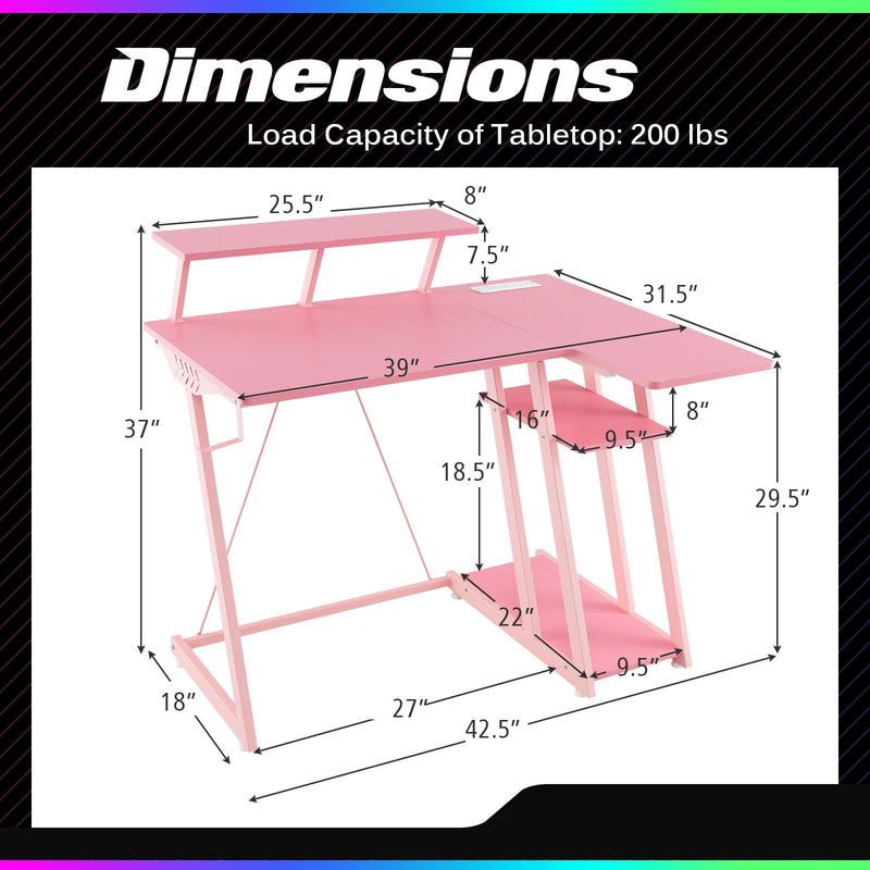 L Shaped Gaming Desk with Outlets and USB Ports-Pink