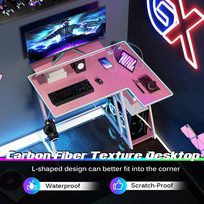 L Shaped Gaming Desk with Outlets and USB Ports-Pink