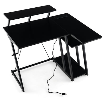 L Shaped Gaming Desk with Outlets and USB Ports-Black