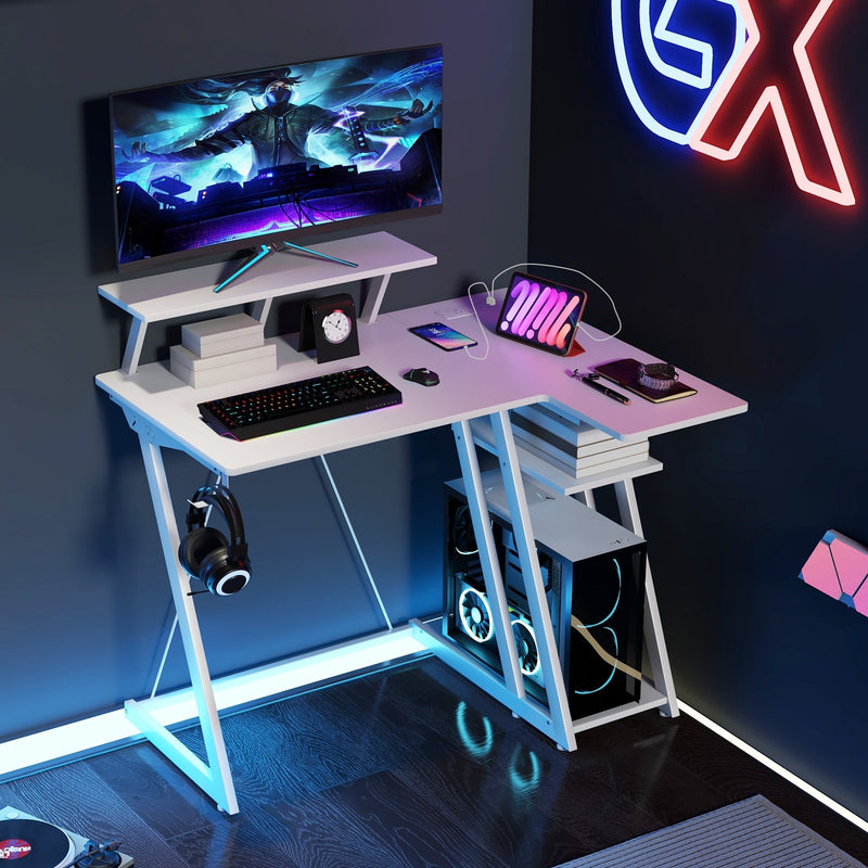 L Shaped Gaming Desk with Outlets and USB Ports-White