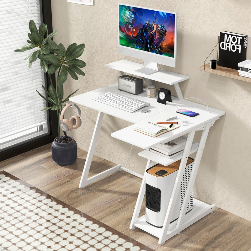 L Shaped Gaming Desk with Outlets and USB Ports-White