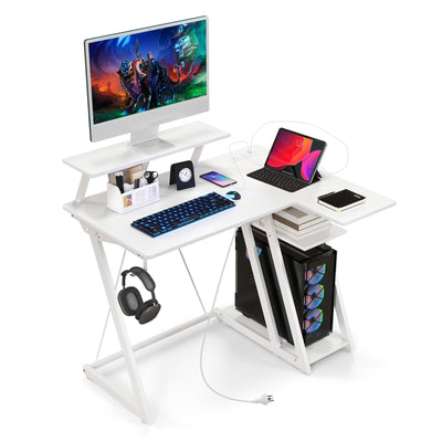 L Shaped Gaming Desk with Outlets and USB Ports-White