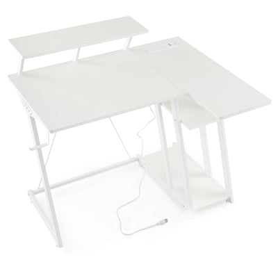 L Shaped Gaming Desk with Outlets and USB Ports-White