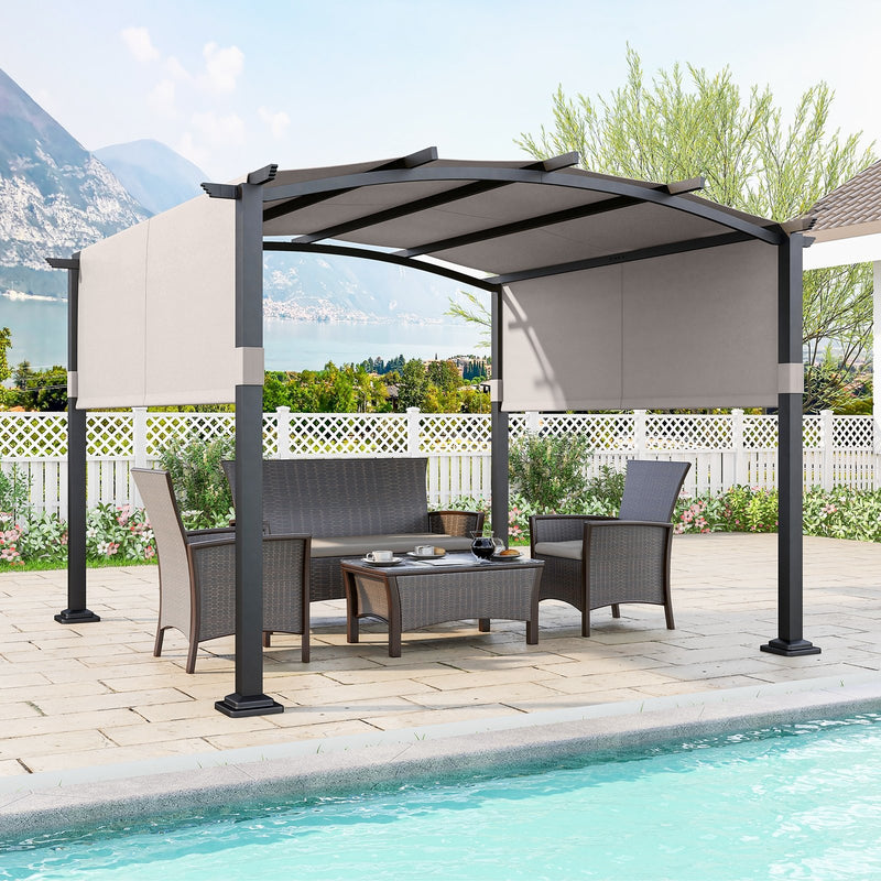 10 x 10 ft Outdoor Pergola Modern Arched Patio Garden Shelter with Retractable Sunshade Canopy-Gray