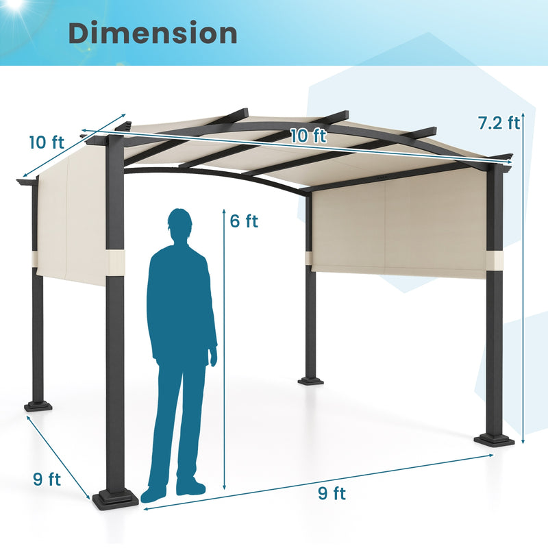 10 x 10 ft Outdoor Pergola Modern Arched Patio Garden Shelter with Retractable Sunshade Canopy-Beige