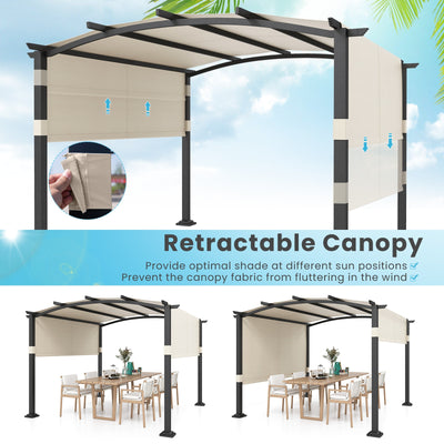 10 x 10 ft Outdoor Pergola Modern Arched Patio Garden Shelter with Retractable Sunshade Canopy-Beige